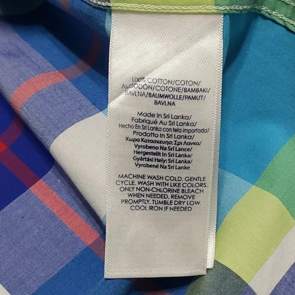 Chaps Womens 3X Blue Green Plaid No Iron Button Up Shirt 3/4 Sleeve Paisley Trim - Picture 6 of 10